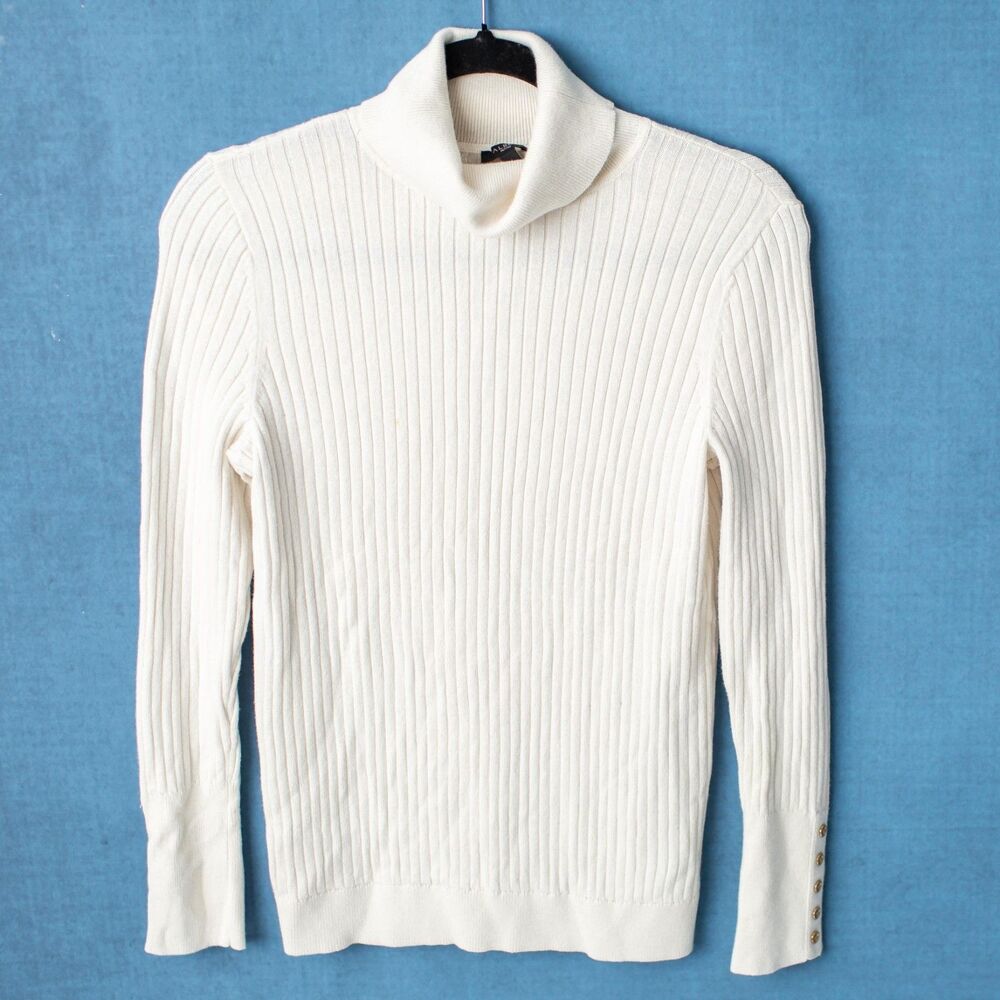 Talbots Petites Medium Women's Ivory Ribbed Turtleneck Sweater Gold Button Cuffs